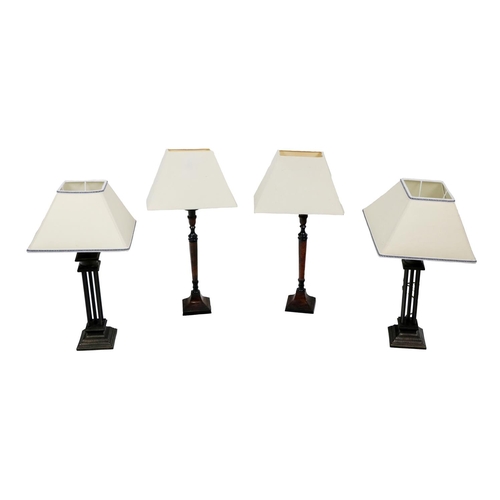 361 - A pair of modern bronzed metal cluster column Table Lamps, with cream shades, 22