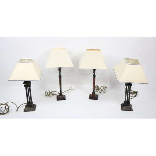 361 - A pair of modern bronzed metal cluster column Table Lamps, with cream shades, 22