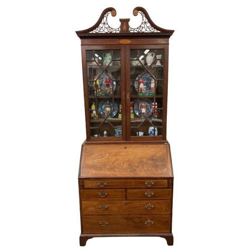 478 - A good George III period inlaid mahogany Bureau Bookcase, the open work swan neck pediment with two ... 