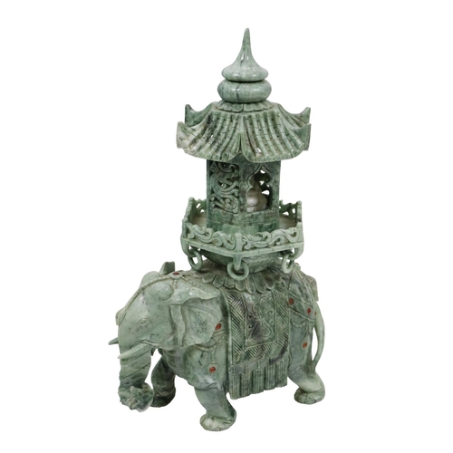 486 - A 20th Century carved green jadeite Model, of an Imperial Elephant Shrine with buddha, in a pagoda, ... 