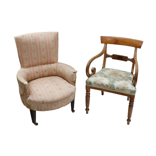 525 - A William IV period mahogany Dining Room Armchair, with tapestry style seat and a small Tub Armchair... 