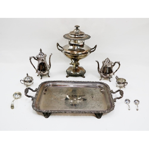 541 - Plateware: A large engraved silver plated monogrammed Victorian Samovar, and a modern four piece Tea... 