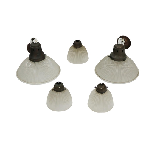 510 - A pair of large moulded glass Ceiling Shades, with domed brass fittings and three smaller dittos. (5... 