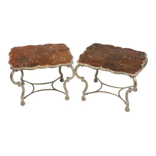 549 - A pair of square faux tortoishell and brass Occasional Tables, of square serpentine form on shaped l... 