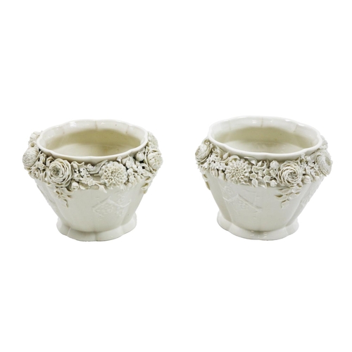 565 - A pair of attractive First period Belleek floral encrusted Creamware Vases. (2)