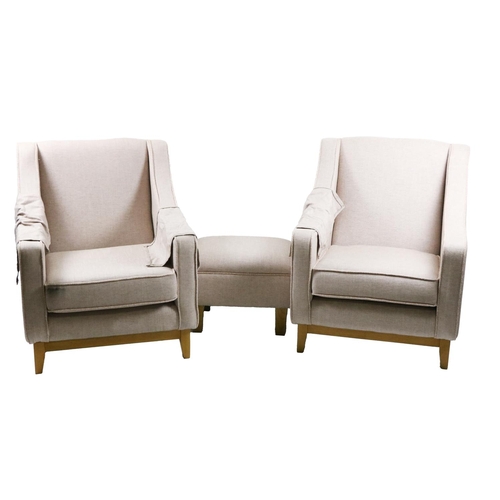 574 - A pair of Parker Knoll type Armchairs, covered in cream sack cloth fabric with loose cushions on fro... 