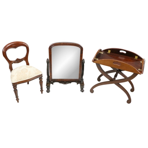 585 - A brass mounted oval drop side Butlers Tray type Occasional Table, saw cut handles on X framed stand... 