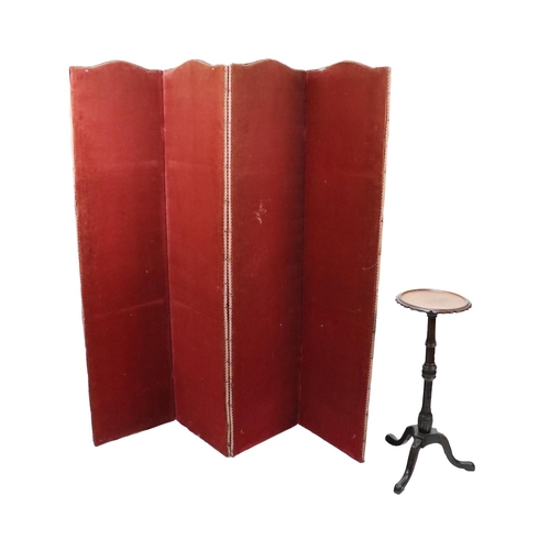 586 - A four-fold fabric covered Draught Screen; together with a 19th Century tripod Wine Table. (2)... 