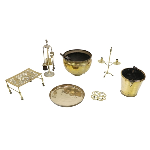 587 - A pierced Royal Coat of Arms trifid Stand, a Fuel Bin, a Tray, a Candlestick, Inkwell etc. As a lot.... 