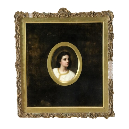 598 - An attractive 19th Century oval miniature Portrait of young Woman, on porcelain, probably KPM German... 