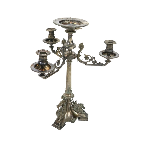 607 - An attractive Egyptian Revival three branch silver plated Centre Candelabra, decorated with rams hea... 