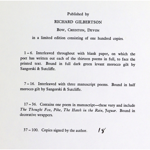 365 - One of 20 Copies with Manuscript PoemHughes (Ted)&nbsp;Animal Poems, 4to Devon (Richard Gilbertson) ... 
