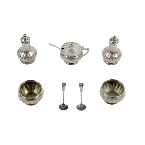 13 - A silver cased Condiment Set, by Gorham Manufacturing Co., Birmingham, comprising salt and pepper, m... 