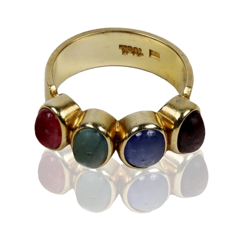 147 - An attractive 18ct gold, 8.2gms Ring, by Rudolf Heltzel, size Q, set with four semi-precious coloure... 