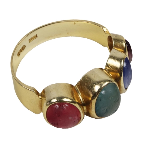 147 - An attractive 18ct gold, 8.2gms Ring, by Rudolf Heltzel, size Q, set with four semi-precious coloure... 