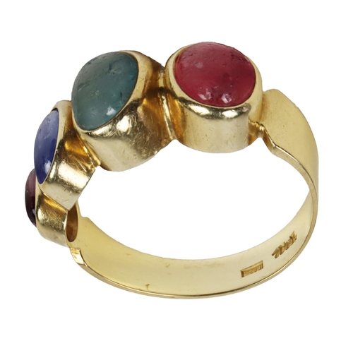 147 - An attractive 18ct gold, 8.2gms Ring, by Rudolf Heltzel, size Q, set with four semi-precious coloure... 
