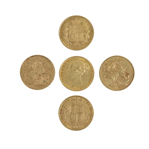 184 - Gold Coins: A group of 5 Queen Victoria (young head) full Sovereigns, to include shield back 1864, 1... 