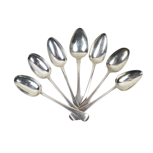 42 - Silverware:  Seven varied English silver Dessert and Serving Spoons, by Thomas Wallis, Samuel Godbeh... 