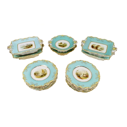 388 - A large attractive 19th Century hand painted turquoise ground Dessert Service, 12 plates, 4 rectangu... 