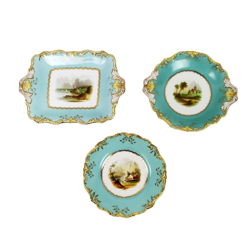 388 - A large attractive 19th Century hand painted turquoise ground Dessert Service, 12 plates, 4 rectangu... 