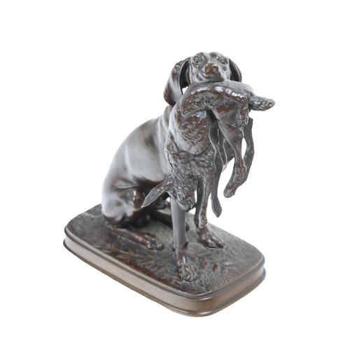 707 - Ferdinand Pautrot (1832-1874)Fine bronze Study of a hunting dog holding a hare, 