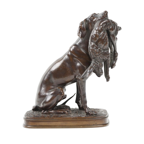 707 - Ferdinand Pautrot (1832-1874)Fine bronze Study of a hunting dog holding a hare, 