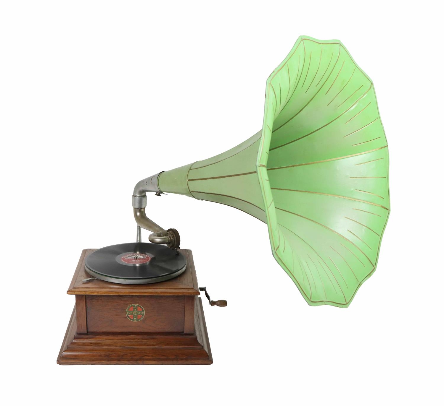 An Edwardian Zonophone oak framed Phonograph Record Player, with green ...