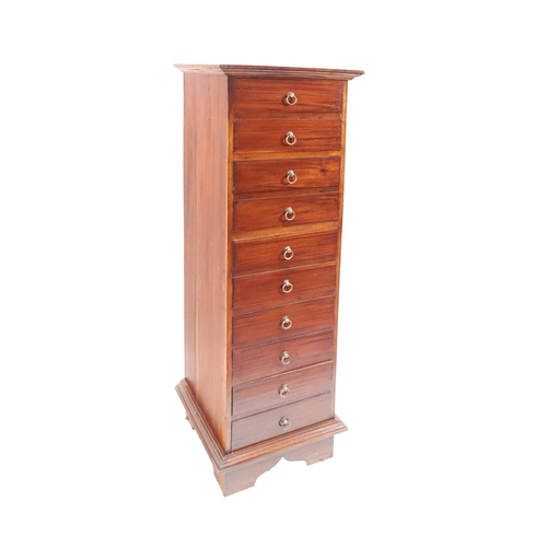 25 - A narrow mahogany Chest, with ten drawers and brass handles on bracket base, 135cms (53