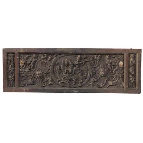 3 - A collection of Carved Paneling, including three oblong - depicting typical medieval scenes and two ... 