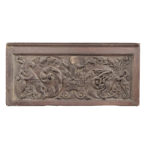 3 - A collection of Carved Paneling, including three oblong - depicting typical medieval scenes and two ... 