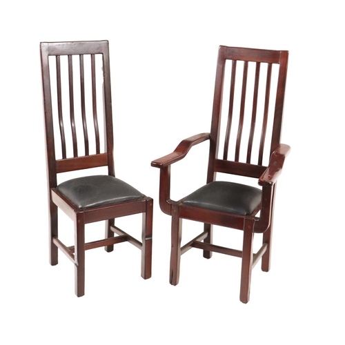 58 - A set of 12 (10 + 2) heavy Dining Chairs, each with tall latted backs above leather upholstered seat... 