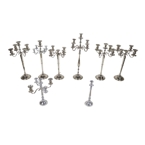 1 - A collection of 7 varied size four branch silver plate Candelabra; together with one silver plate Ca... 