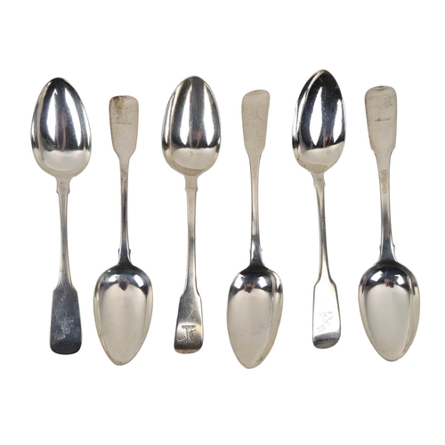 22 - A set of 6 Irish silver rat-tail design and crested Dessert Spoons, hallmarked Dublin, by Samuel Nev... 