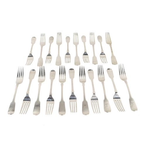 28 - A large collection of 21 Irish & English silver crested Dinner Forks, hallmarked Dubin & Lon... 