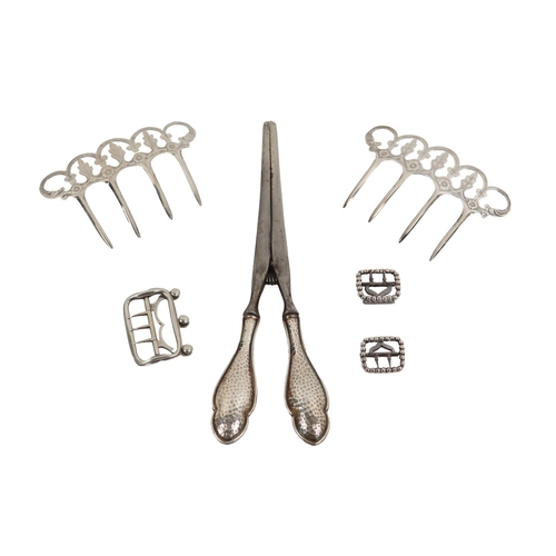 3 - Silverware: A mid-18th Century English silver Stock Buckle, hallmarked W.C., a pair of bead design e... 