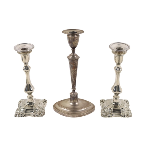 35 - A pair of English Georgian Sheffield silver mounted Candlesticks, (with associated silver sconces, h... 