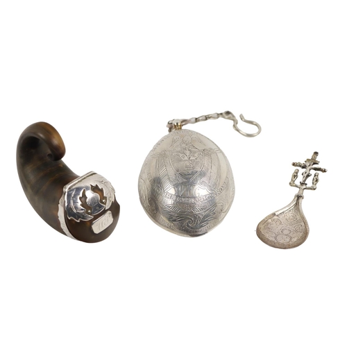 5 - Silverware: An early 20th Century cruciform Caddy Spoon, with pierced handle and etched bowl, [Hanau... 