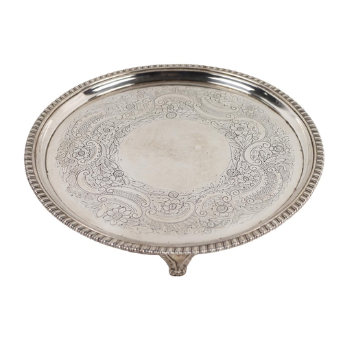 50 - A heavy good quality Georgian English silver circular Tray, with moulded edge and floral etched cent... 