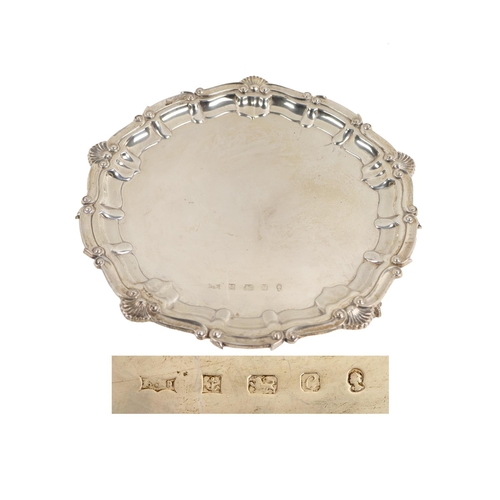 58 - A good quality heavy English silver Card Tray, with scroll edge and shell decoration on ball n' claw... 