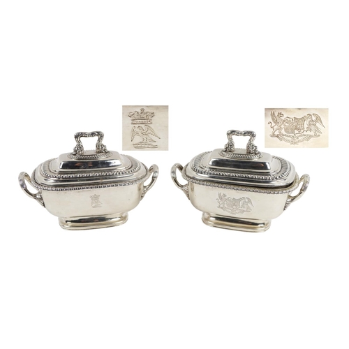 129 - A pair of fine quality Georgian period English silver crested Vegetable Tureens and Covers, with orn... 