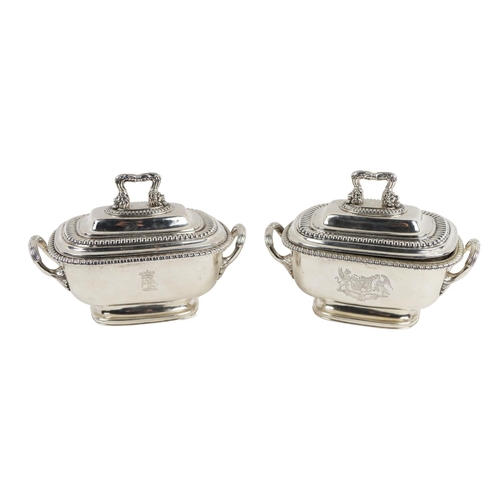 129 - A pair of fine quality Georgian period English silver crested Vegetable Tureens and Covers, with orn... 