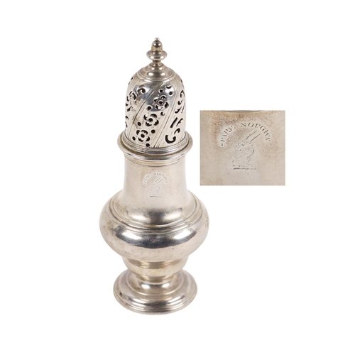 134 - A fine quality large Georgian Scottish silver bulbous shaped and pierced Sugar Castor, crested with ... 