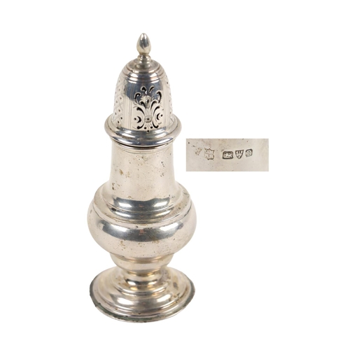 135 - An English silver bulbous shaped and pierced decorated Sugar Castor, with circular base, hallmarked ... 