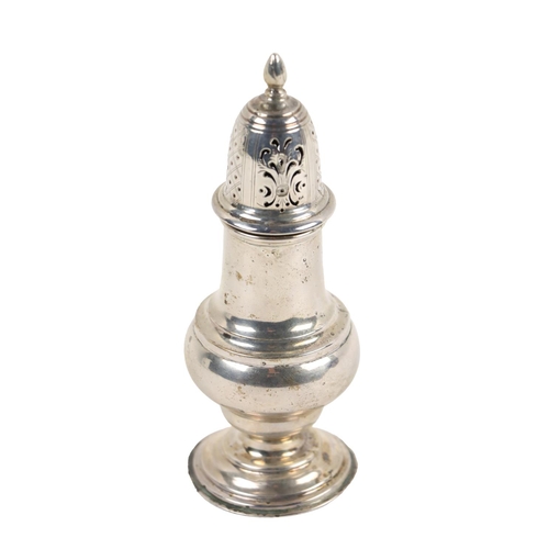 135 - An English silver bulbous shaped and pierced decorated Sugar Castor, with circular base, hallmarked ... 