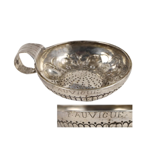 136 - An 18th Century French silver 'Tastevin' (converted & pierced) with ring handle,&nbsp;and inscri... 