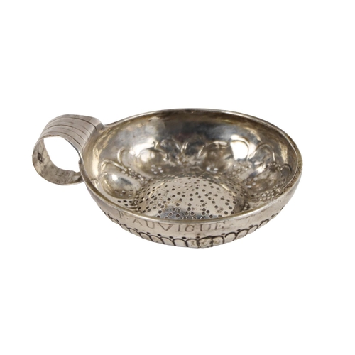 136 - An 18th Century French silver 'Tastevin' (converted & pierced) with ring handle,&nbsp;and inscri... 