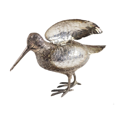 137 - A fine quality silver Novelty Condiment, modelled as a snipe with removable head, and hinged wings a... 