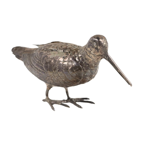 137 - A fine quality silver Novelty Condiment, modelled as a snipe with removable head, and hinged wings a... 