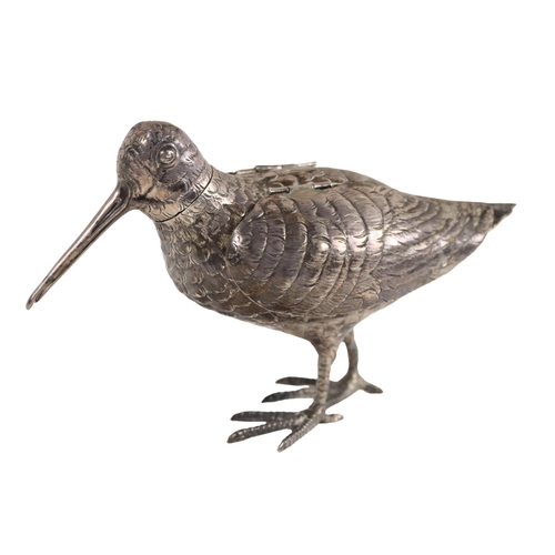 137 - A fine quality silver Novelty Condiment, modelled as a snipe with removable head, and hinged wings a... 