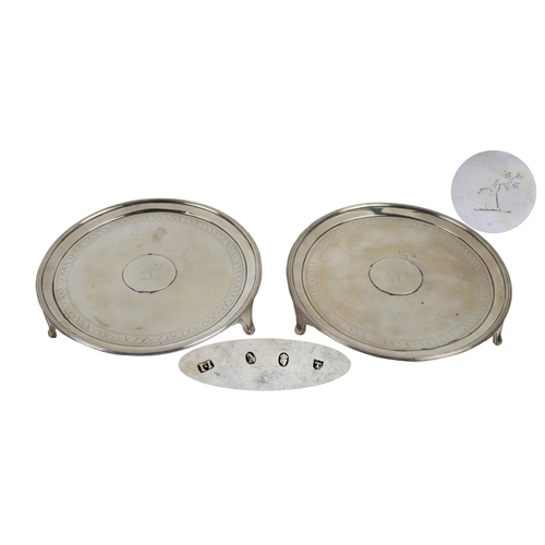 140 - A pair of Irish 18th Century crested silver Salvers, by Joseph Jackson, Dublin 1791, each with 'Denn... 